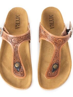 Myra Bag Brown Tooled Leather T-Strap Sandals